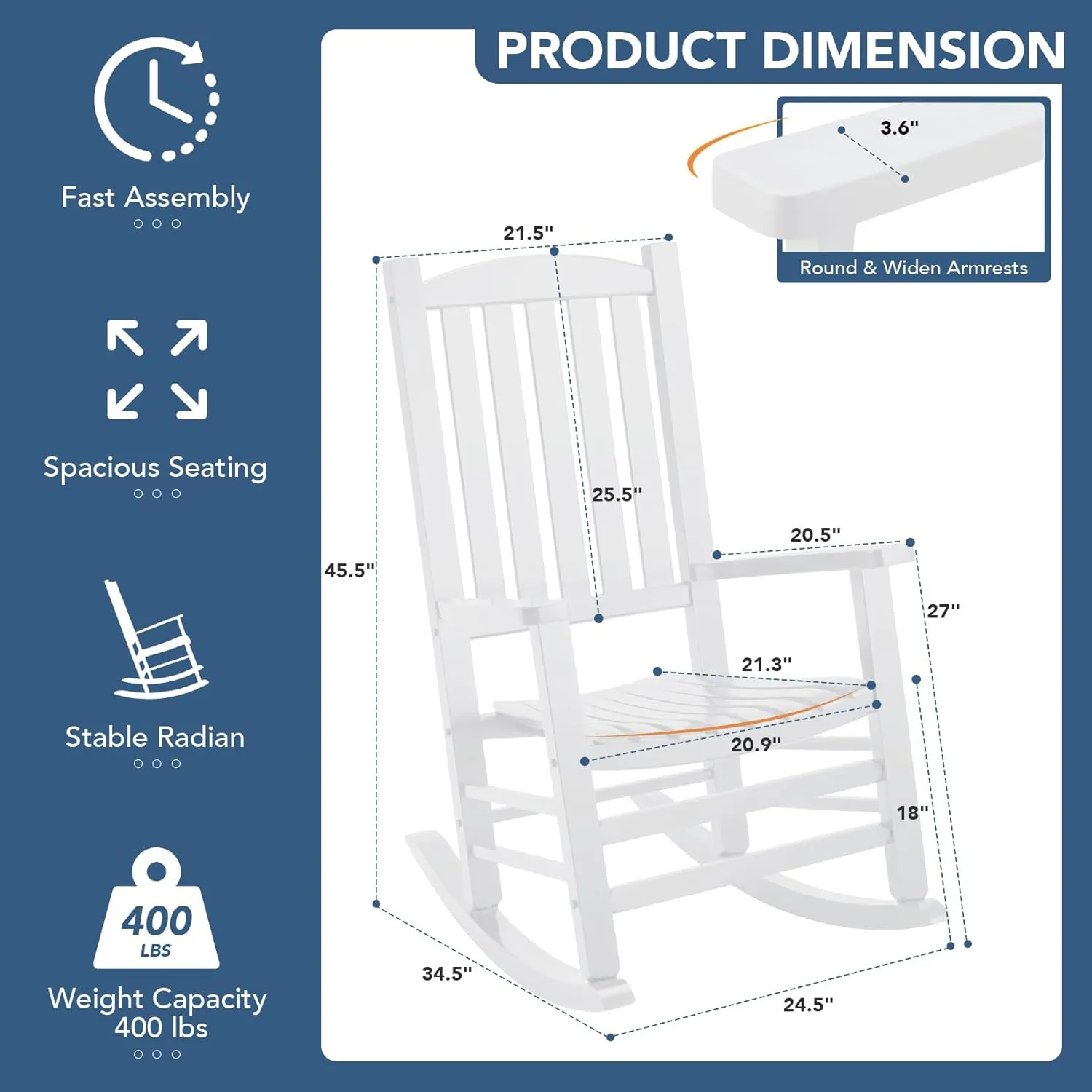 Wood Outdoor Rocking Chair, Oversized Patio Rocking Chair w/400lbs Support & High Backrest | Porch, Lawn, Garden, Backyard, Outdoor, Indoor, White