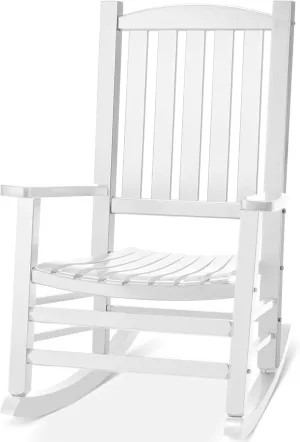 Wood Outdoor Rocking Chair, Oversized Patio Rocking Chair w/400lbs Support & High Backrest | Porch, Lawn, Garden, Backyard, Outdoor, Indoor, White