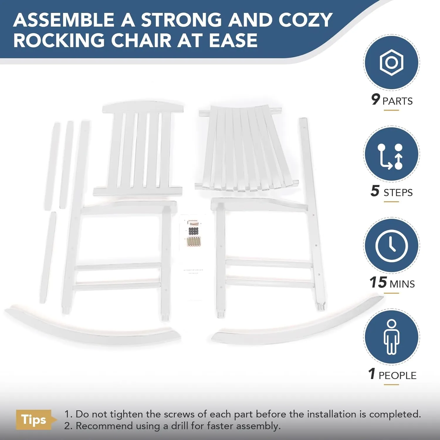 Wood Outdoor Rocking Chair, Oversized Patio Rocking Chair w/400lbs Support & High Backrest | Porch, Lawn, Garden, Backyard, Outdoor, Indoor, White