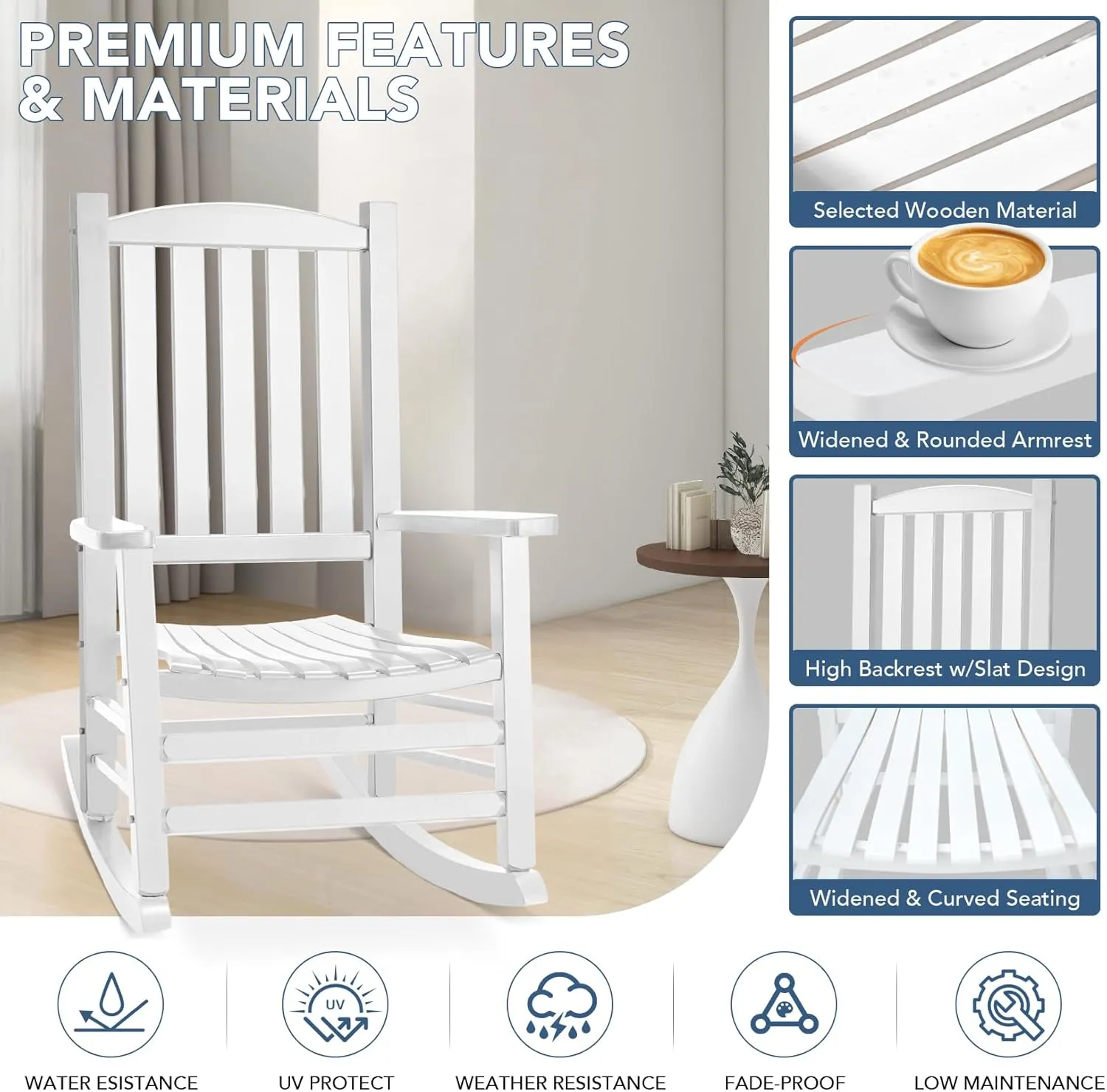 Wood Outdoor Rocking Chair, Oversized Patio Rocking Chair w/400lbs Support & High Backrest | Porch, Lawn, Garden, Backyard, Outdoor, Indoor, White