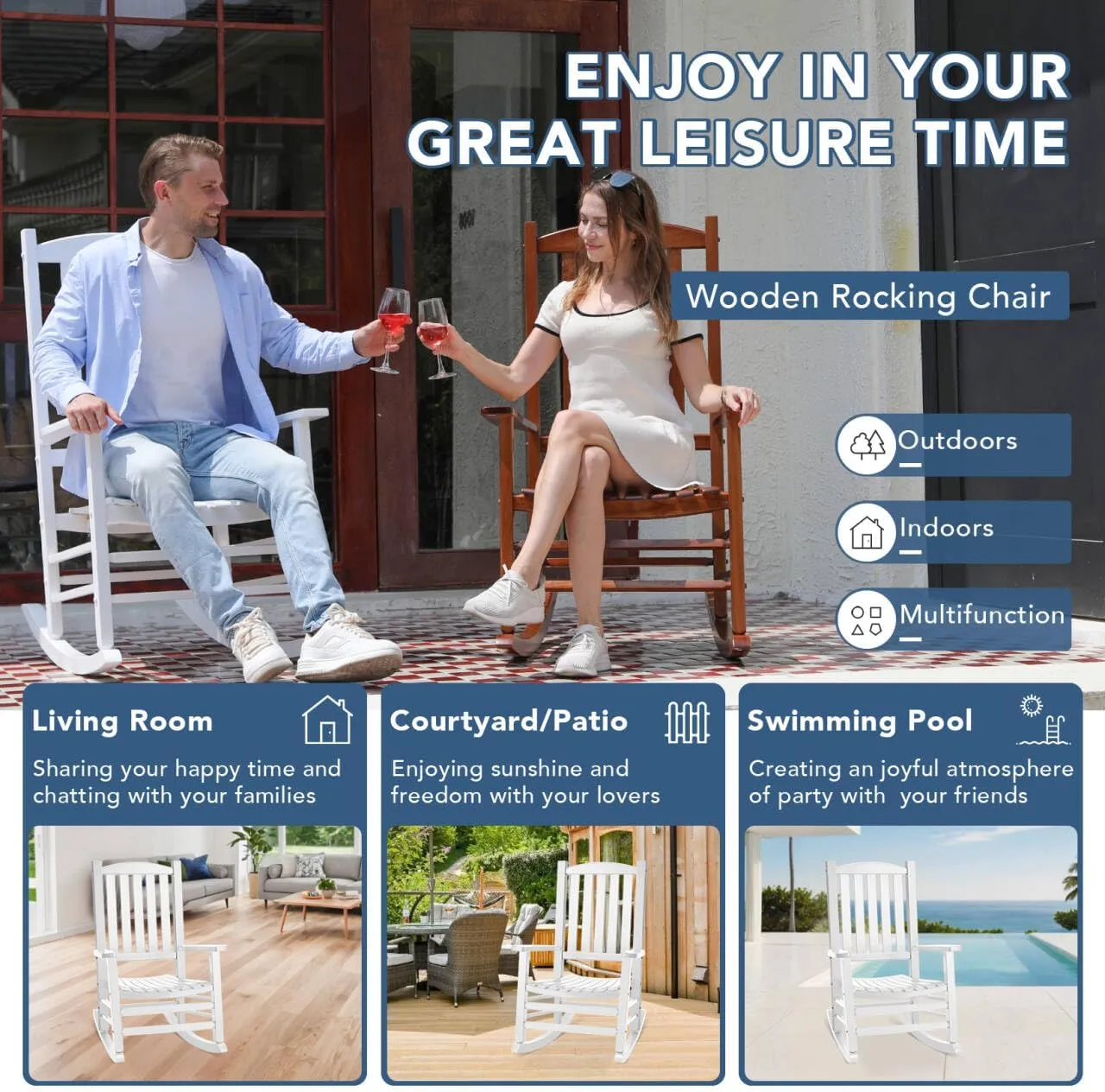 Wood Outdoor Rocking Chair, Oversized Patio Rocking Chair w/400lbs Support & High Backrest | Porch, Lawn, Garden, Backyard, Outdoor, Indoor, White