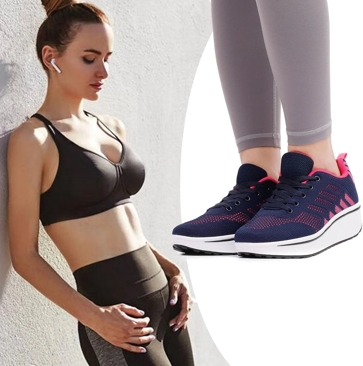 WUIWUIYU Womens Outdoor Casual Wedge Platform Mesh Lace-Up Sport Athletic Rocker Shoes Trainers Sneakers