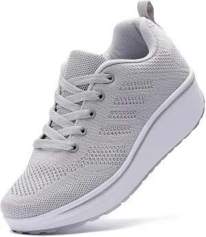 WUIWUIYU Womens Outdoor Casual Wedge Platform Mesh Lace-Up Sport Athletic Rocker Shoes Trainers Sneakers