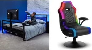 X Rocker Gaming Room Set Up Bundle, with Basecamp Full Size Gaming Bed with Rotating TV Mount, Black   Prism Pedestal RGB PC Gaming Chair with Immersive Lighting and Audio Speakers