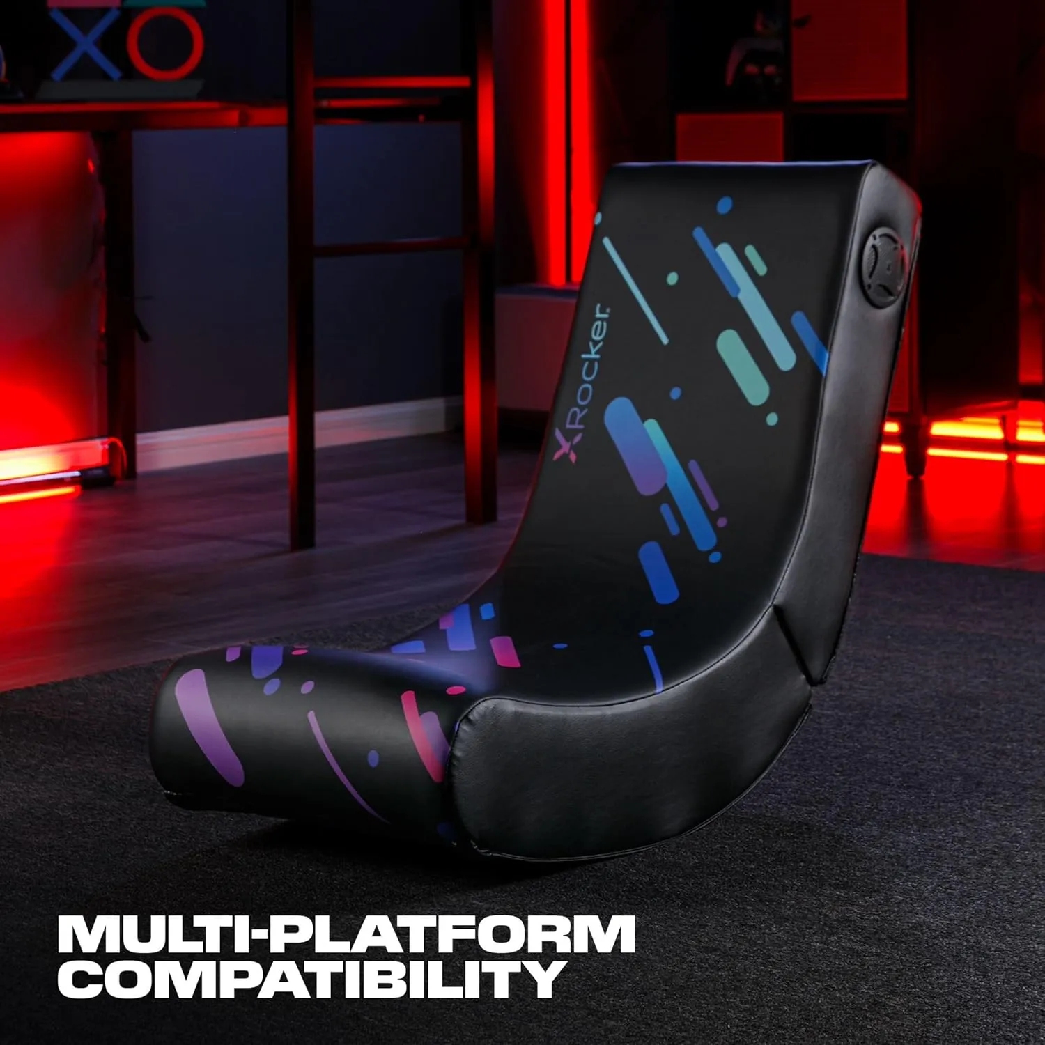 X Rocker Pixel Printed Video Gaming Floor Chair with Headrest Speakers, Wireless Bluetooth, Foldable, Vegan Leather, 300 lbs Max, Amazon Exclusive, Black