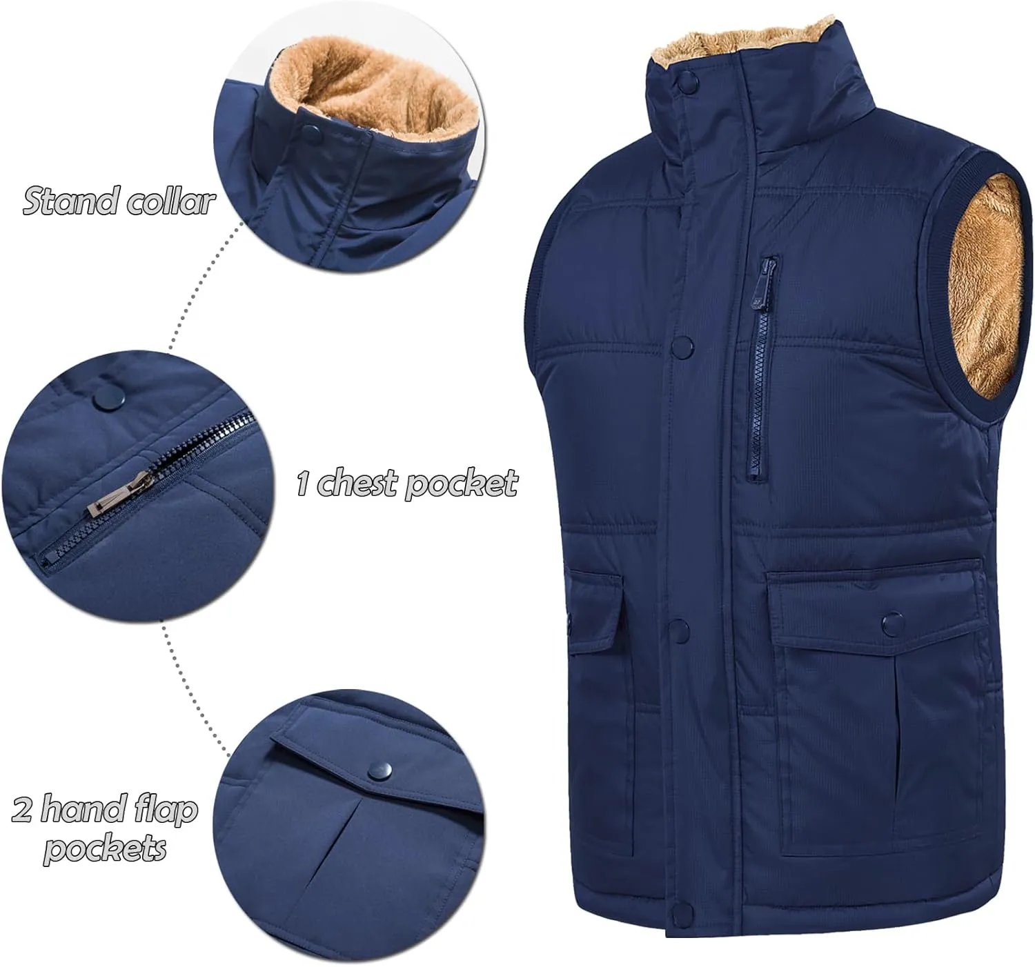 XinYangNi Men's Winter Warm Outdoor Padded Puffer Vest Thick Fleece Lined Sleeveless Jacket