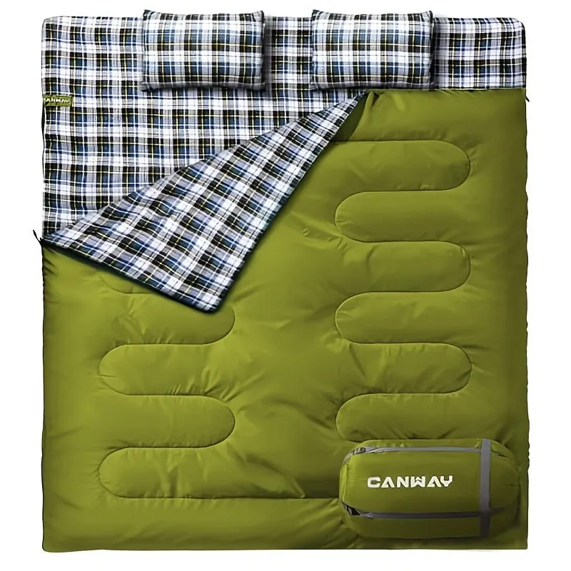 XXL Queen Size 2 Person Flannel Double Sleeping Bag with 2 Pillows - Ultra-Warm, Waterproof, and Spacious for Cold Weather Camping - Ideal for Adults and Couples