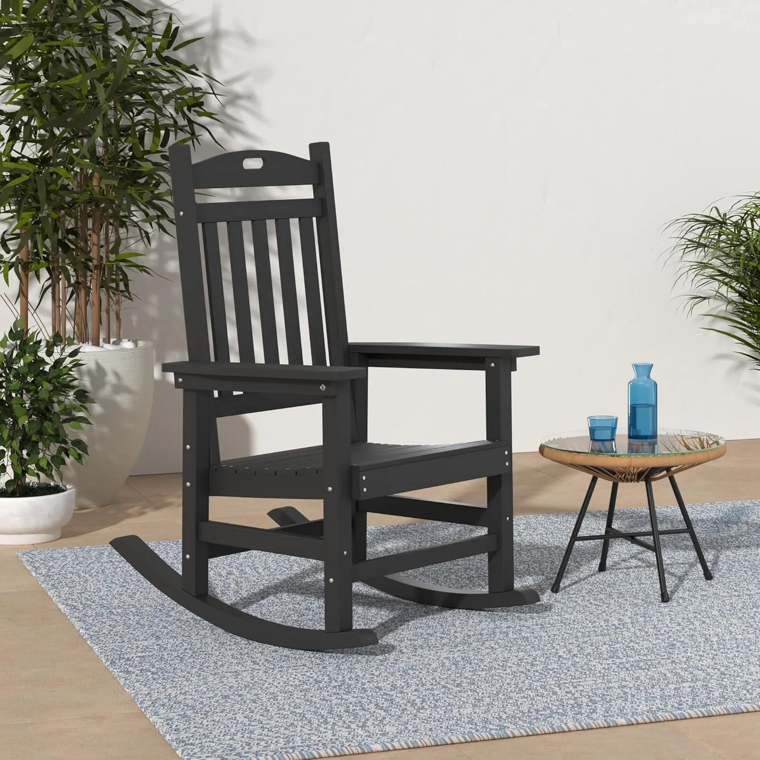 YEFU Outdoor Rocking Chair Oversized,Seat Depth 22",Backrest Height 31",Patio Poly Wide Rocker Chair with 380lbs Weight Capacity,Weather Resistant,for Lawn, Porch, Backyard, Indoor and Garden(Black)