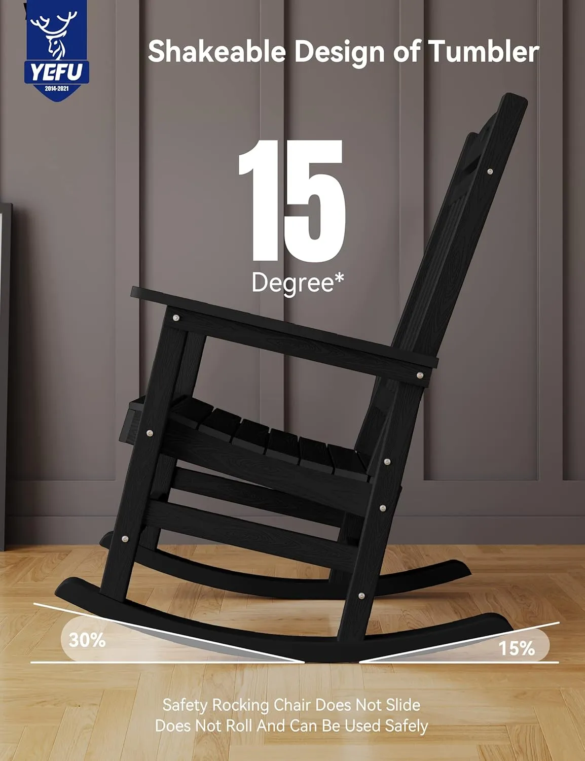 YEFU Outdoor Rocking Chair Oversized,Seat Depth 22",Backrest Height 31",Patio Poly Wide Rocker Chair with 380lbs Weight Capacity,Weather Resistant,for Lawn, Porch, Backyard, Indoor and Garden(Black)
