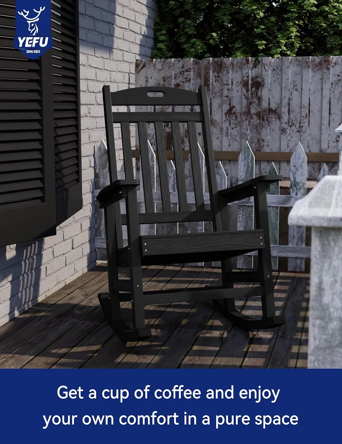 YEFU Outdoor Rocking Chair Oversized,Seat Depth 22",Backrest Height 31",Patio Poly Wide Rocker Chair with 380lbs Weight Capacity,Weather Resistant,for Lawn, Porch, Backyard, Indoor and Garden(Black)