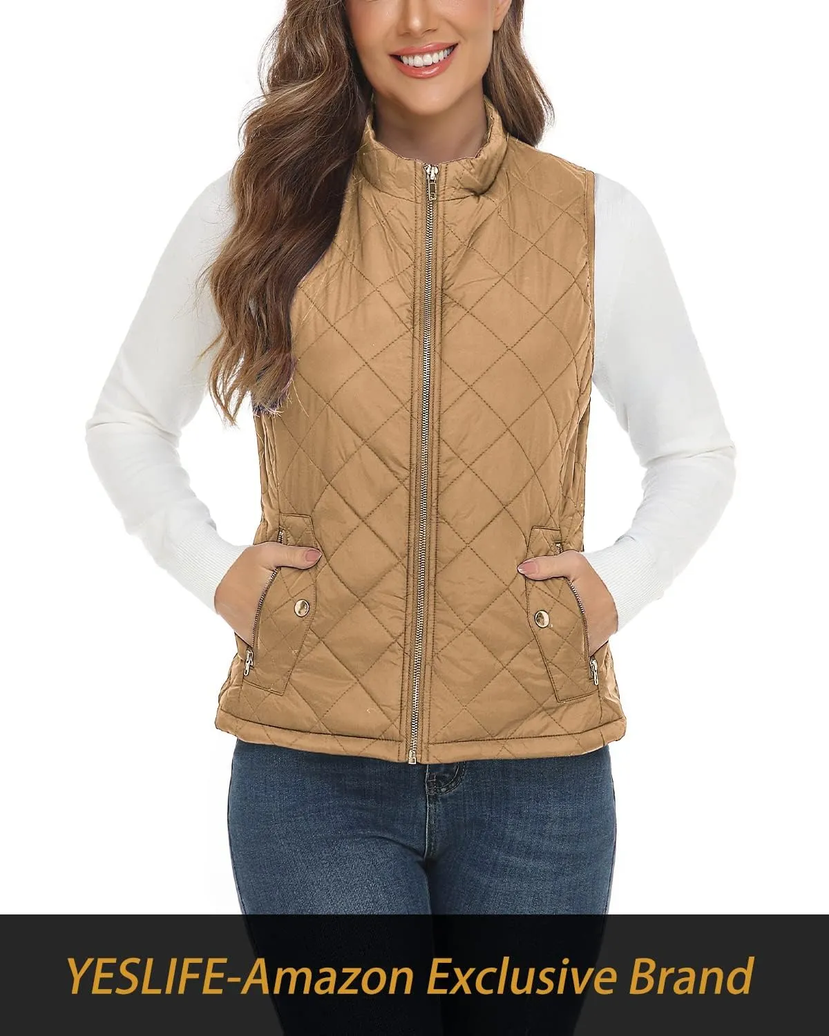 YESLIFE 2024 Women's Outwear Quilted Vest With One Inside Pocket - Stand Collar Lightweight Padded Gilet for Women