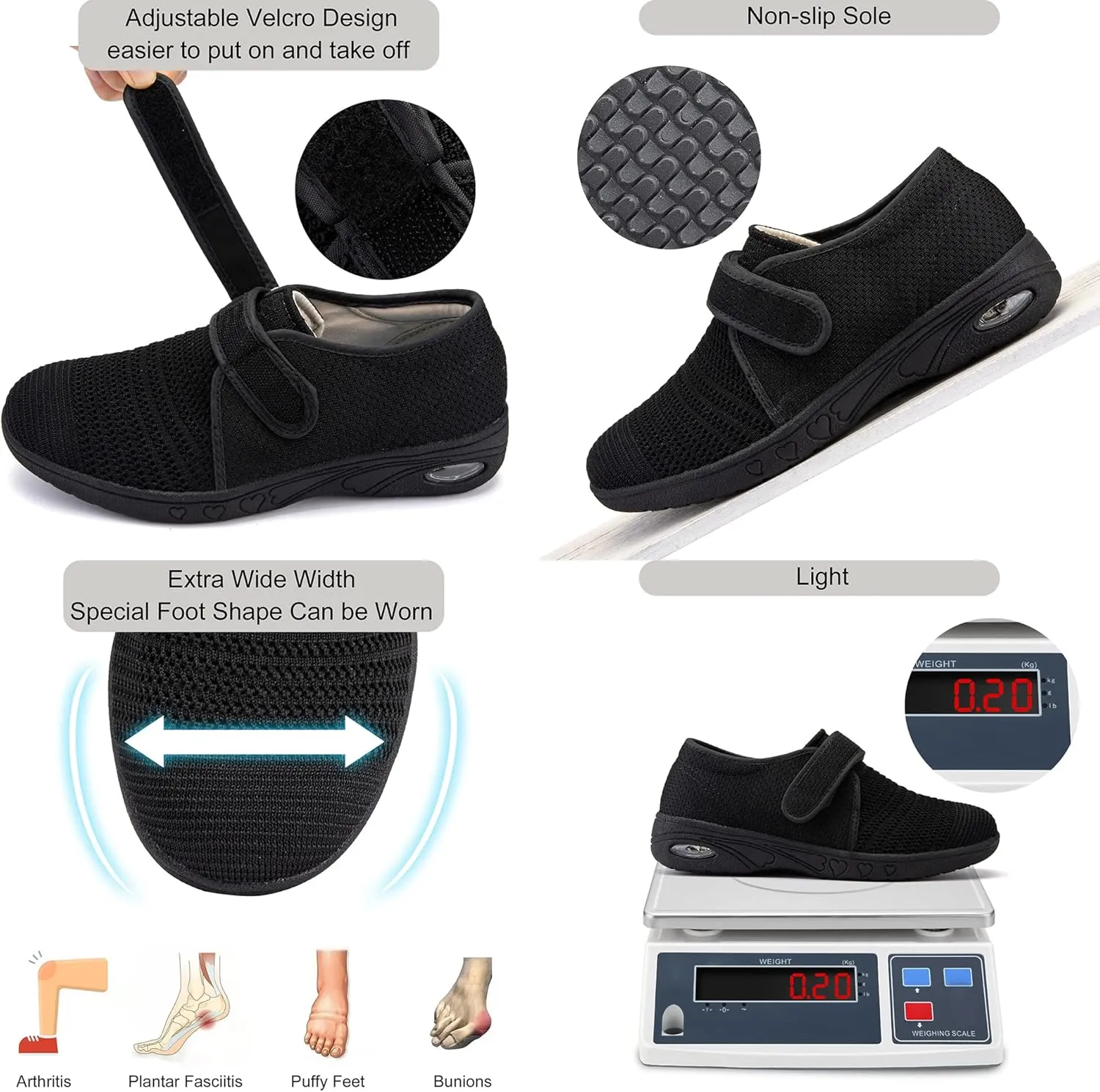youyun Women's Diabetic Shoes Width X-Wide Shoe for Elderly Women Adjustable Closure Breathable Lightweight Non Slip for Swollen Feet Edema Widening Walking Shoes