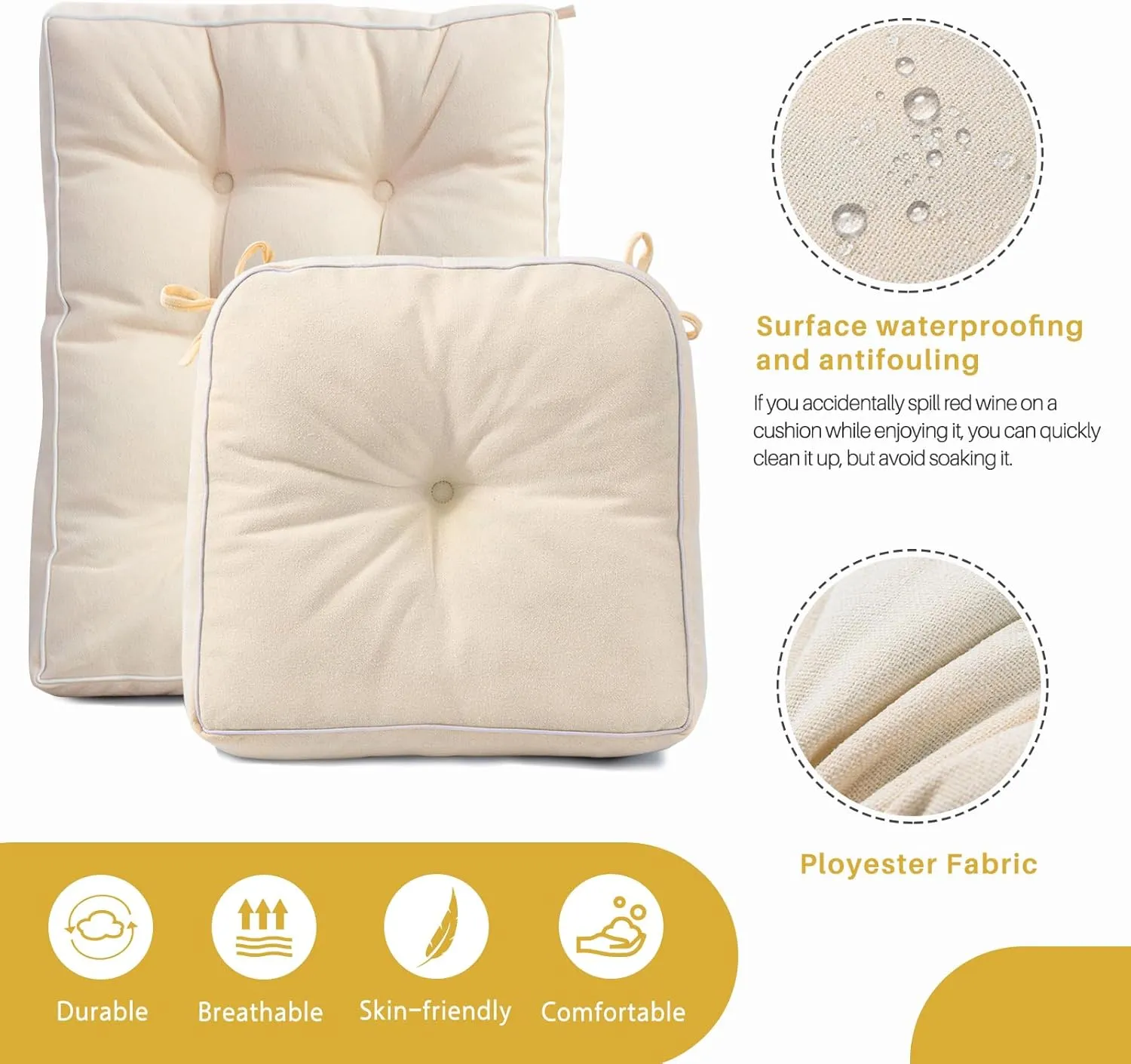 YZ HOME Rocking Chair Cushion, Set of Thicken Seat & Back Chair Cushions with Memory Foam, Non-Slip Chair Pad with Ties for for Indoor&Outdoor Rocker, Beige, 22x17x5/17x17x5