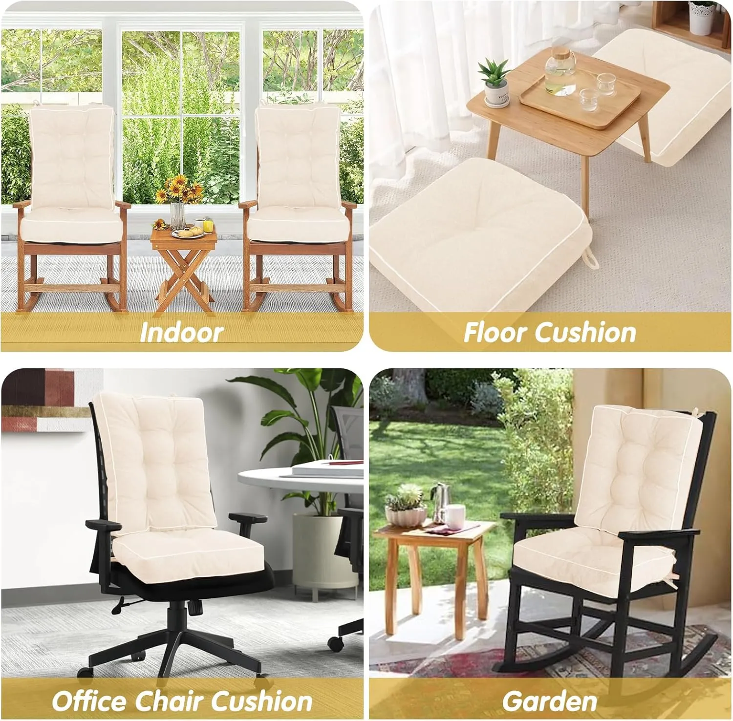 YZ HOME Rocking Chair Cushion, Set of Thicken Seat & Back Chair Cushions with Memory Foam, Non-Slip Chair Pad with Ties for for Indoor&Outdoor Rocker, Beige, 22x17x5/17x17x5