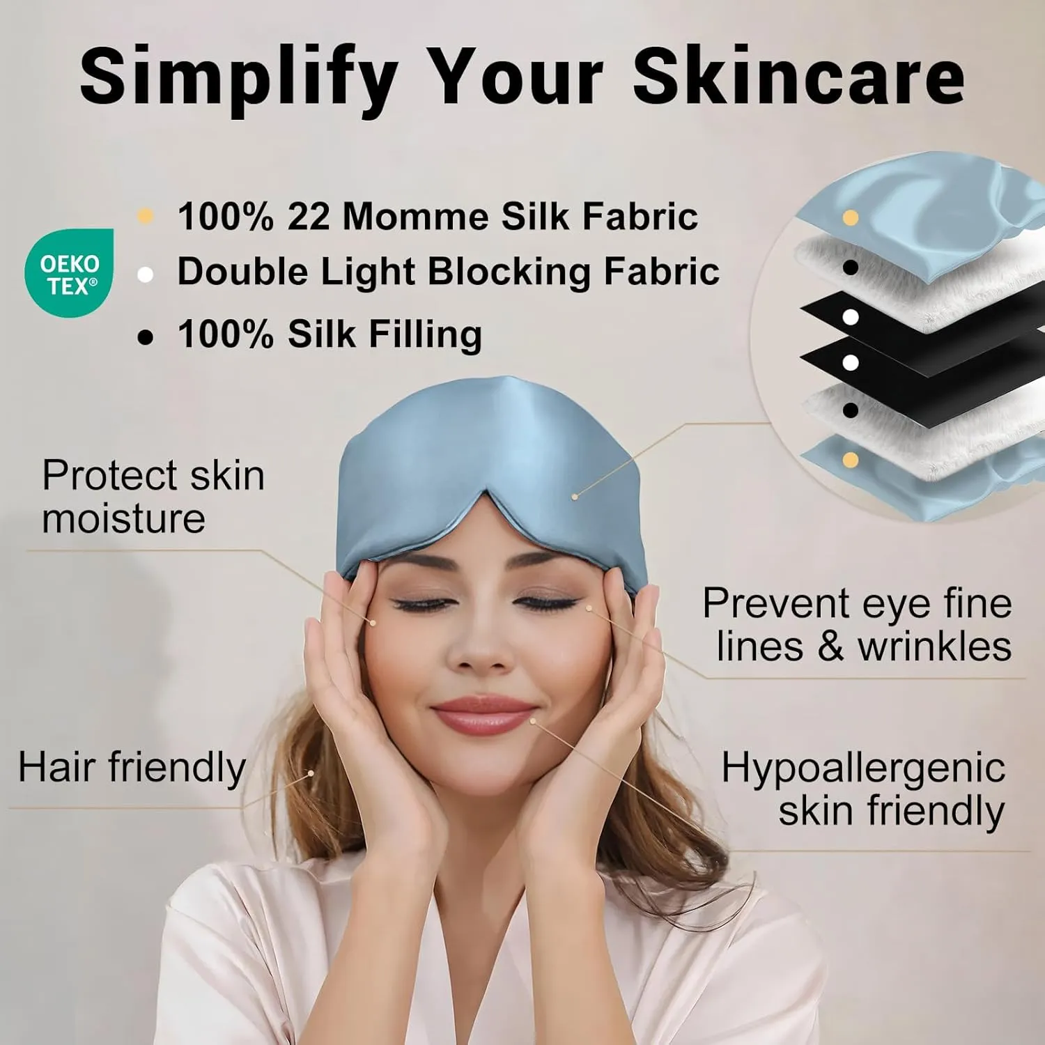 ZIMASILK 100% 22 Momme Mulberry Silk Sleep Mask - Full Silk Filled, Ultra-Soft & Breathable, Face-Hugging Total Blackout Eye Cover for Sleeping (Blue Haze)