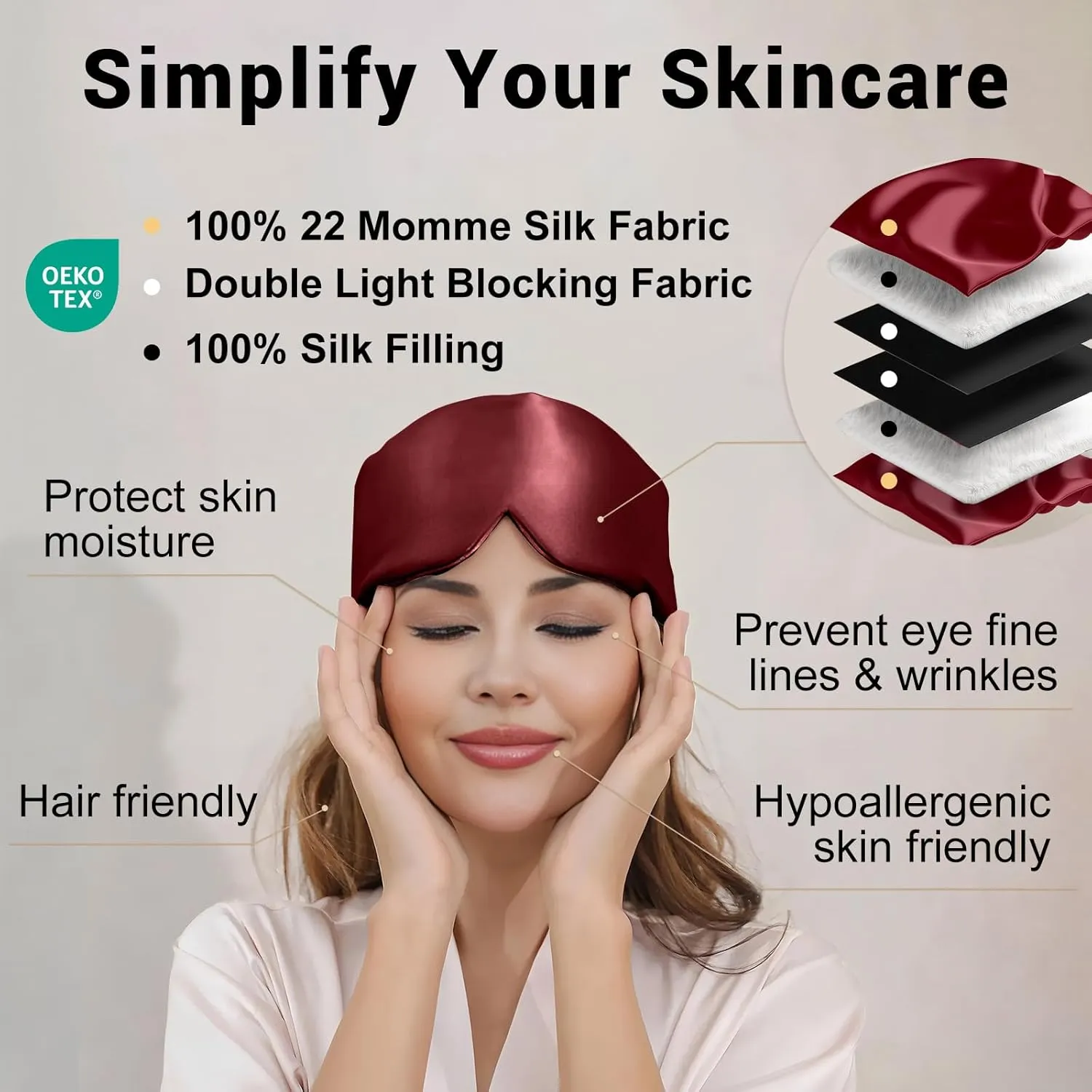 ZIMASILK 100% 22 Momme Mulberry Silk Sleep Mask - Full Silk Filled, Ultra-Soft & Breathable, Face-Hugging Total Blackout Eye Cover for Sleeping (Burgundy)